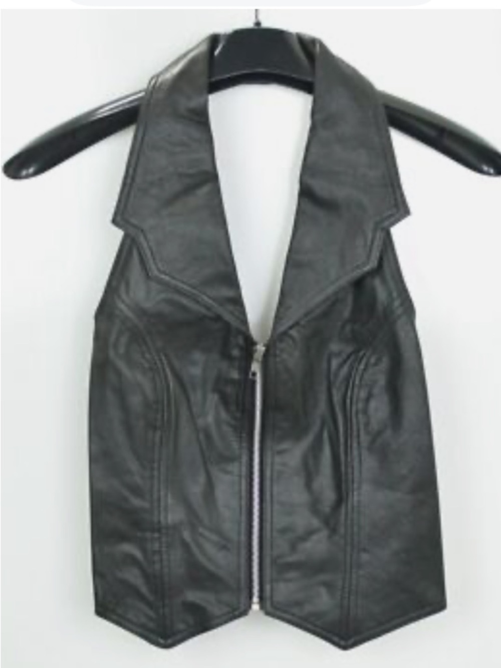 Vintage Hot Leathers Black Leather Zipper Front Halter  Moto Style Top Size XL